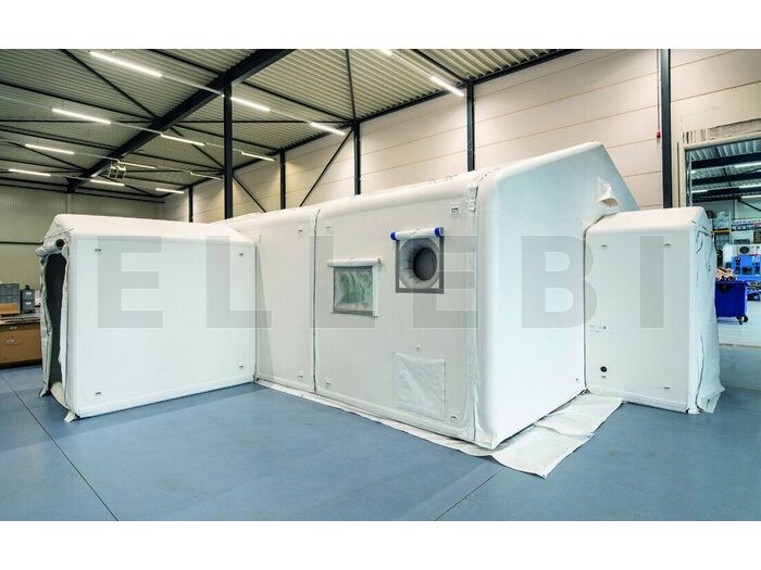 tenda-mag-principale Tenda MAG, modulo abitativo gonfiabile a doppia parete rigida — vista esterna in capannone